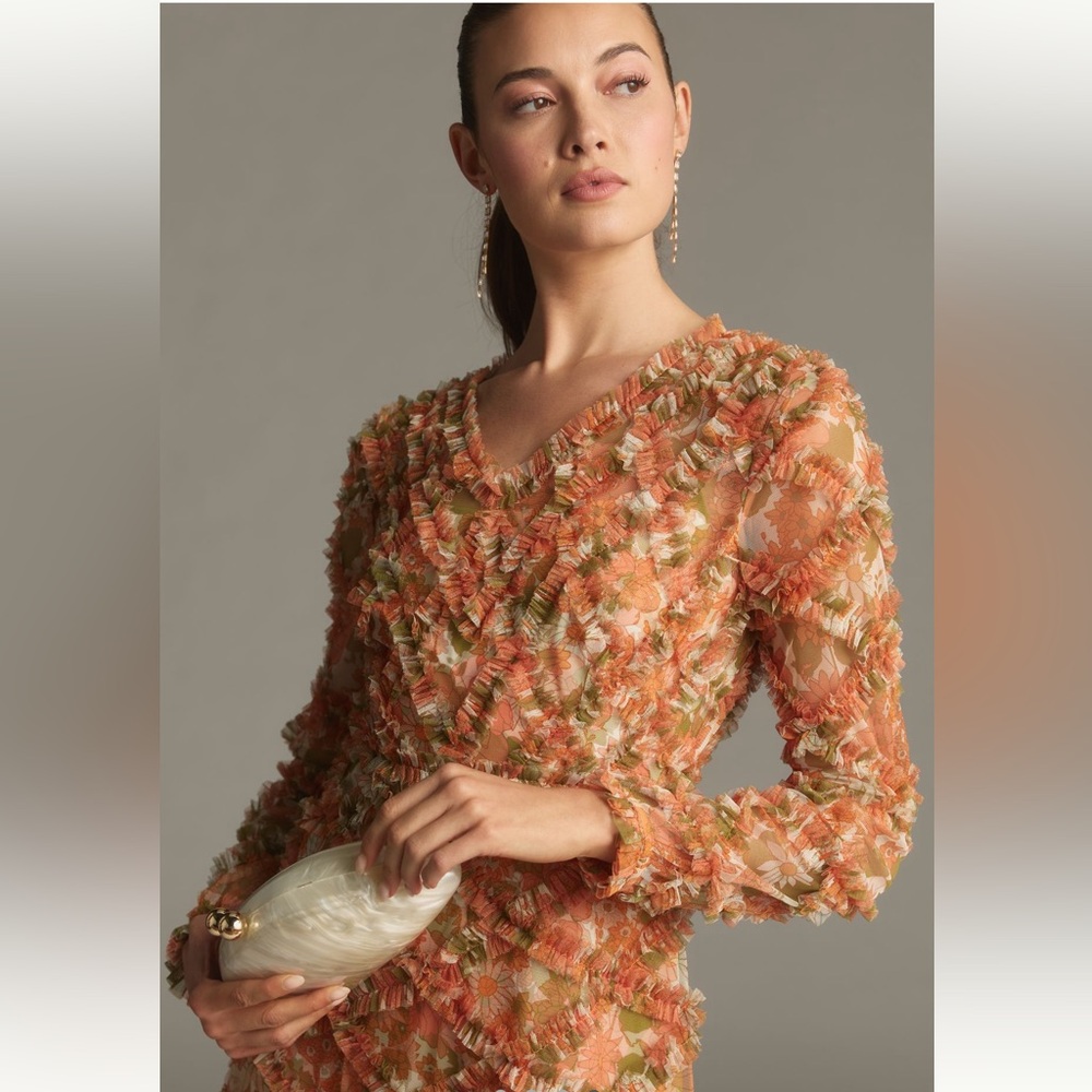 Anthropologie Mac Duggal Floral long sleeve ruffle dress - Picture 4 of 10